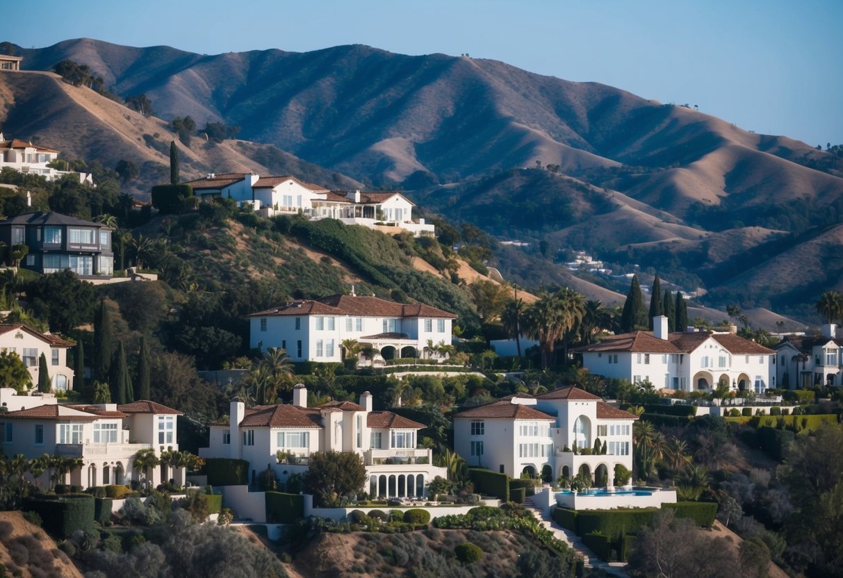 Luxurious homes nestled in the scenic Hollywood Hills, overlooking Los Angeles. Rolling hills and sprawling estates characterize one of California's wealthiest neighborhoods