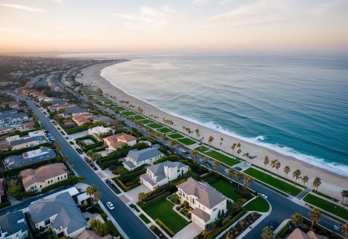 Aerial view of La Jolla, San Diego with luxury homes, palm-lined streets, and the Pacific Ocean coastline