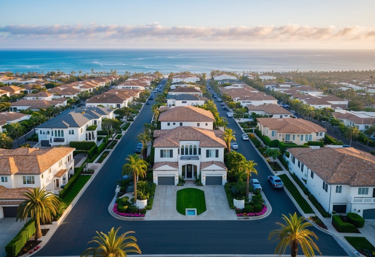 Aerial view of upscale homes and palm-lined streets in Del Mar, San Diego, with the Pacific Ocean in the background