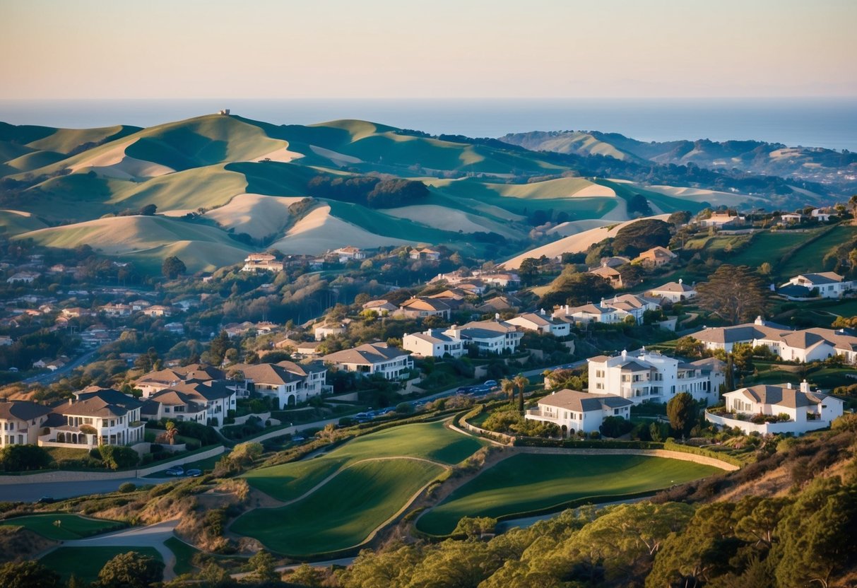 A sprawling landscape of luxurious homes nestled among rolling hills and lush greenery in Carmel Valley, San Diego