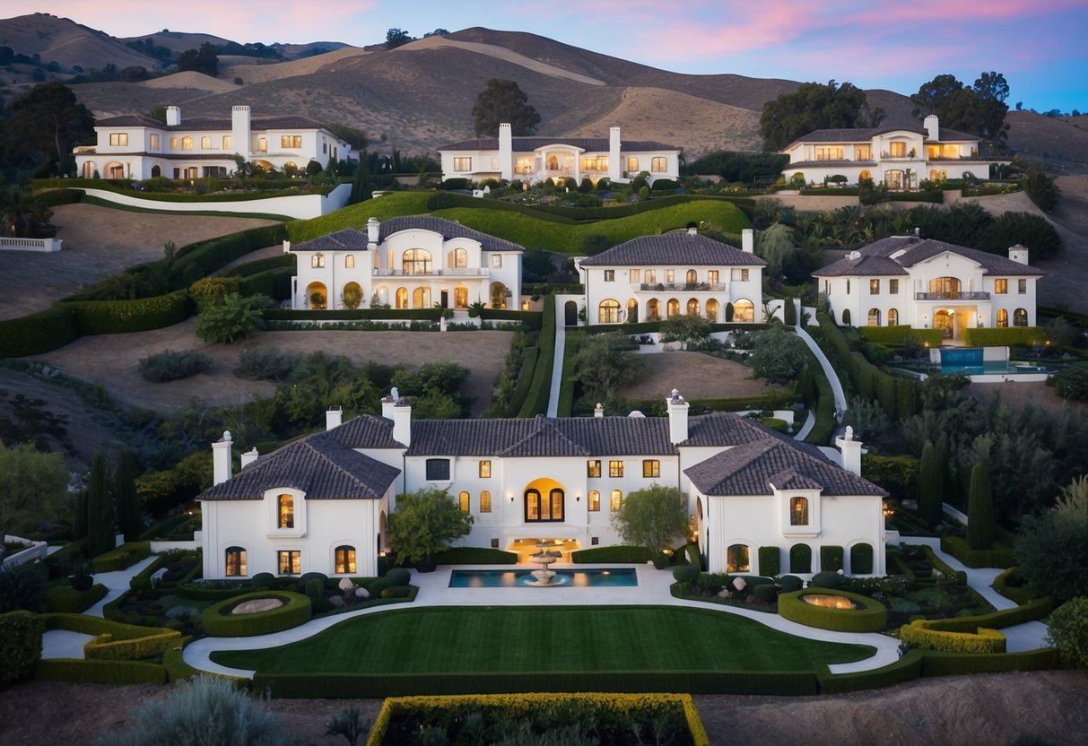 Luxurious mansions nestled among rolling hills, surrounded by lush greenery and manicured gardens in Rancho Santa Fe, San Diego