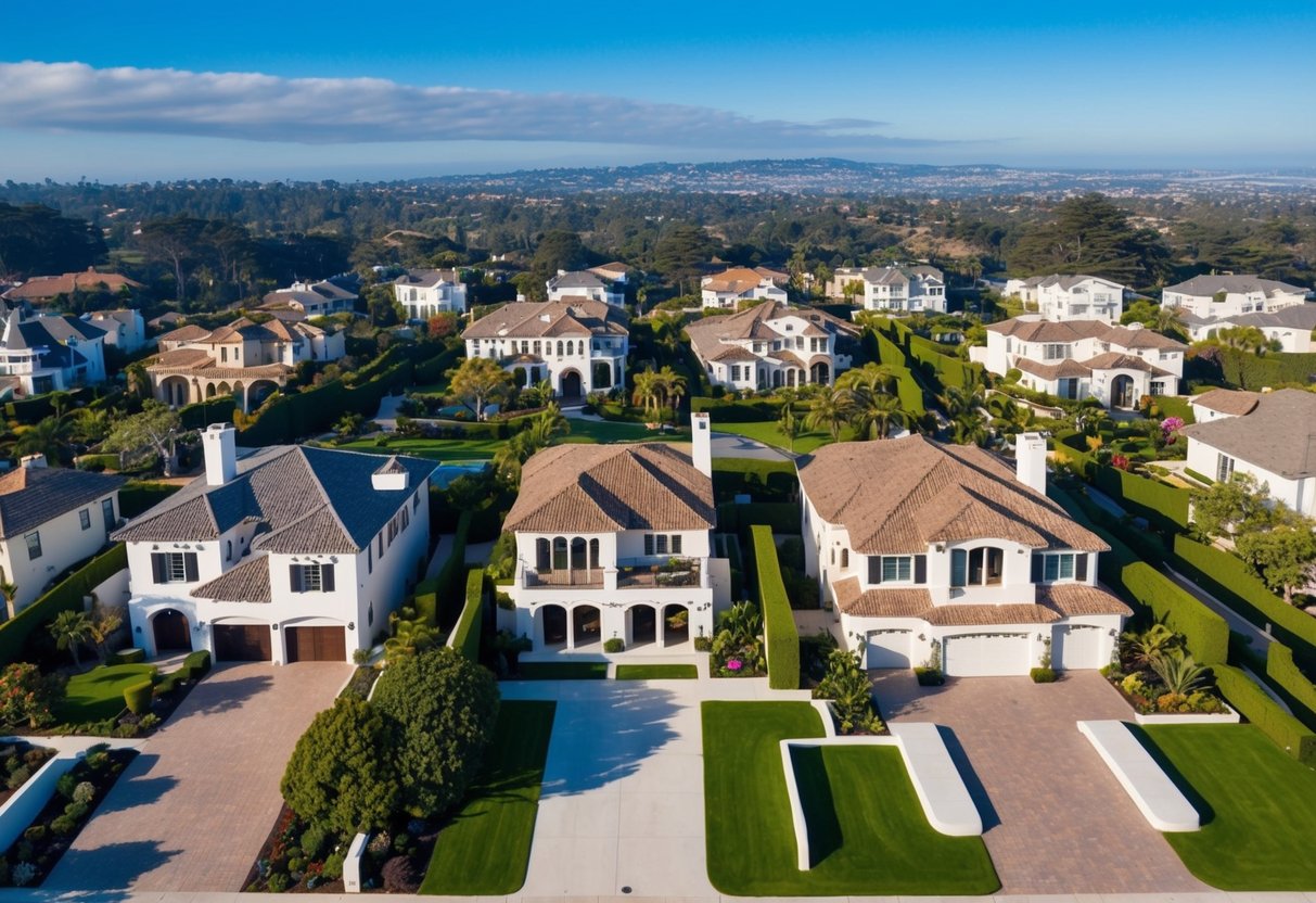 Aerial view of lavish homes nestled among the lush greenery of Torrey Pines, San Diego, showcasing opulence and affluence