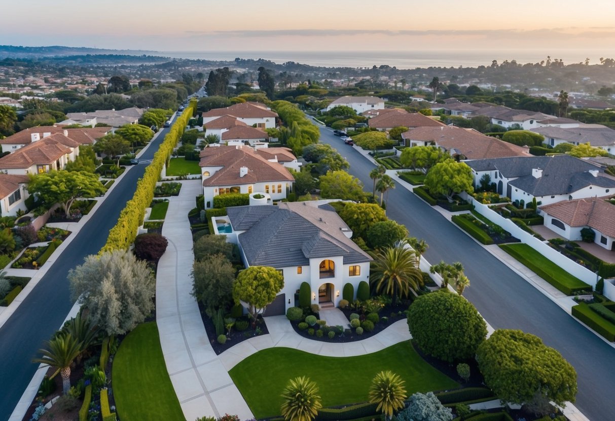 Aerial view of Del Sur, San Diego with upscale homes, lush greenery, and manicured streets