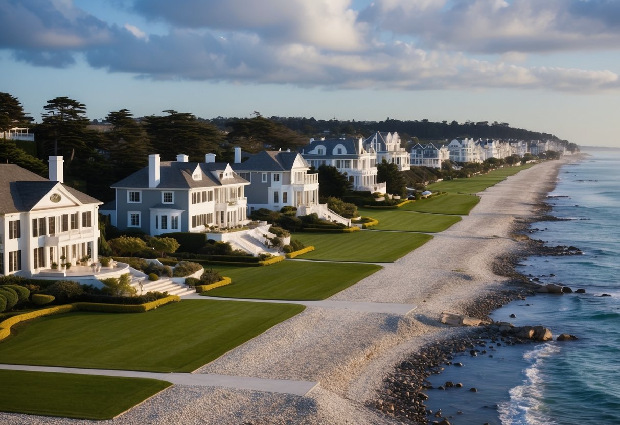 Luxurious mansions line the pristine coastline of Pebble Beach, with manicured lawns and sweeping ocean views