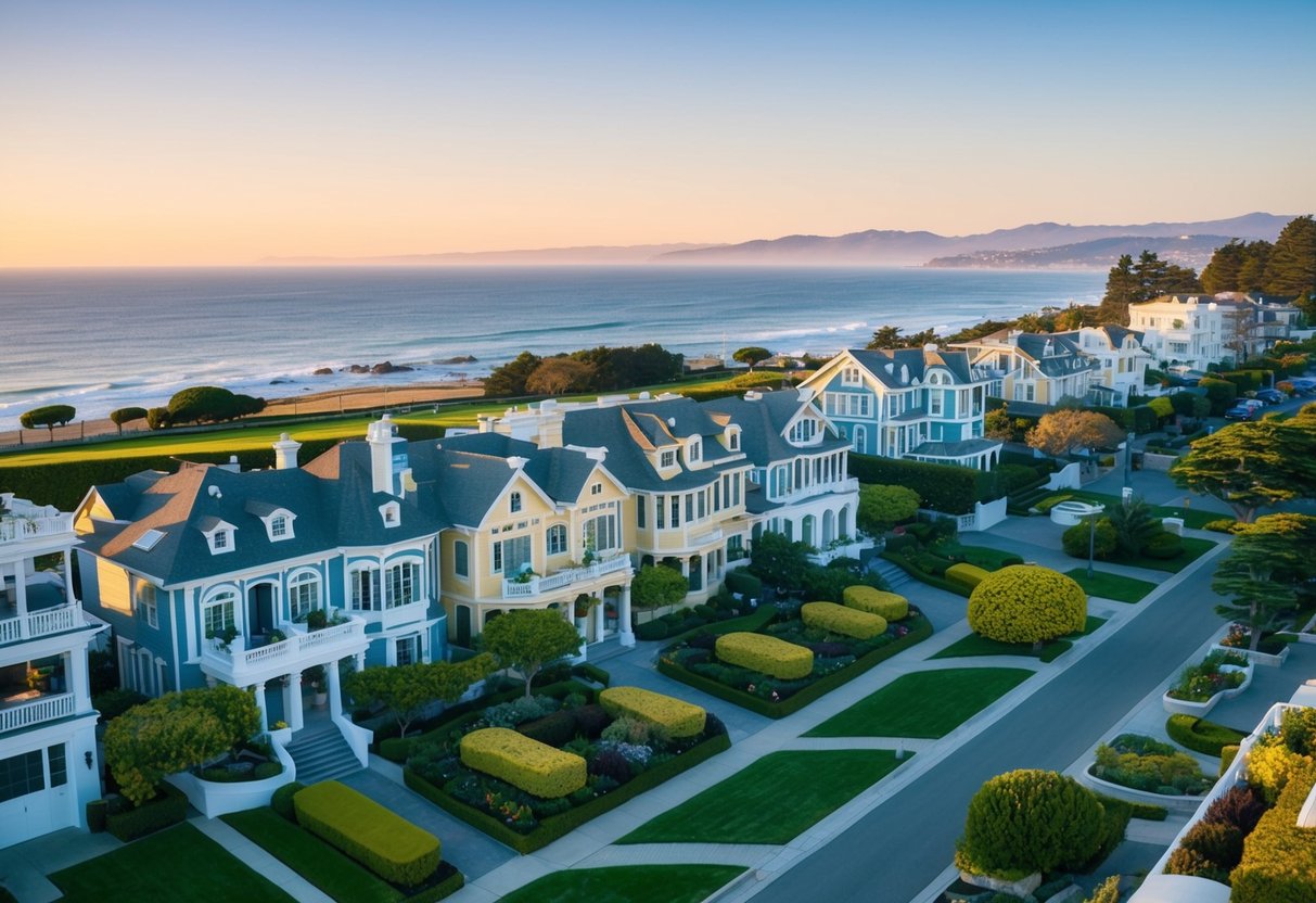 Luxurious mansions line the streets of Carmel-by-the-Sea, with manicured lawns and ocean views