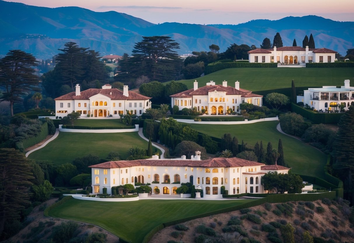 Expansive mansions nestled among lush green hills in Montecito, Santa Barbara, showcasing opulence and luxury