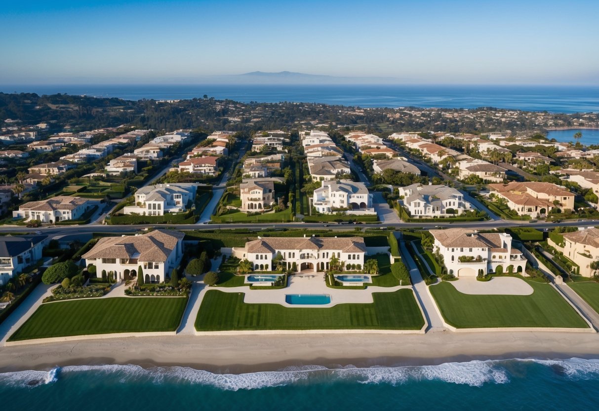 A sprawling, luxurious neighborhood nestled along the coast of Santa Barbara with sprawling mansions, manicured lawns, and breathtaking ocean views