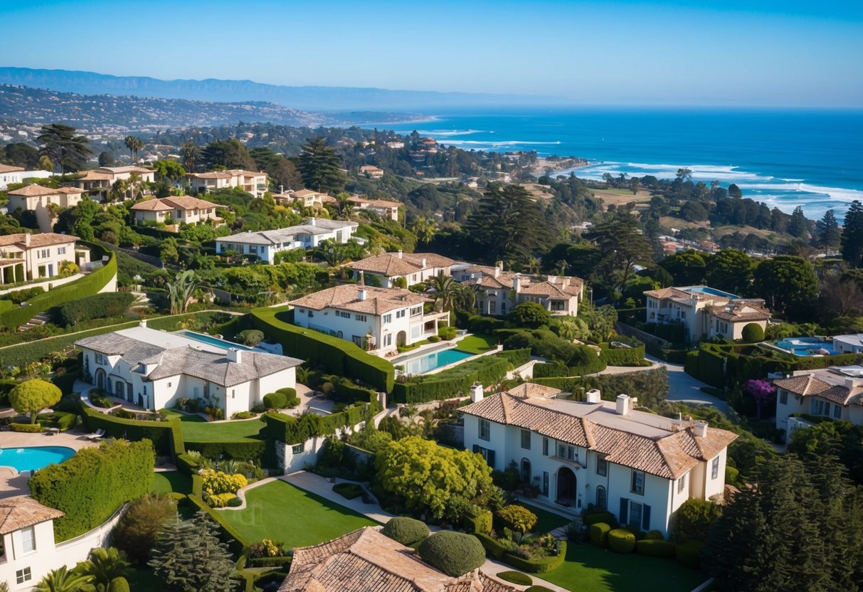 A panoramic view of Summerland, Santa Barbara with luxurious mansions nestled among lush greenery and overlooking the sparkling blue ocean