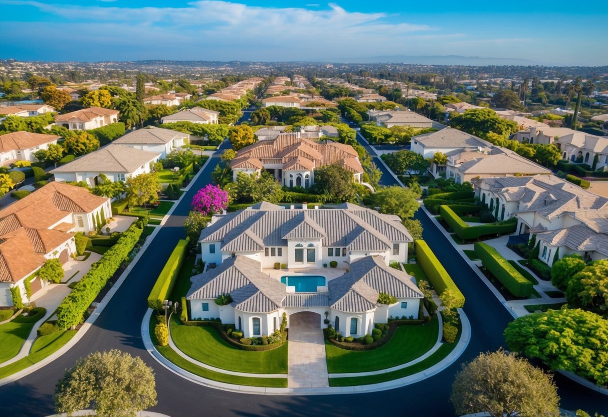 A sprawling, affluent neighborhood in Orange County, with large, luxurious homes surrounded by lush, manicured landscapes and tree-lined streets