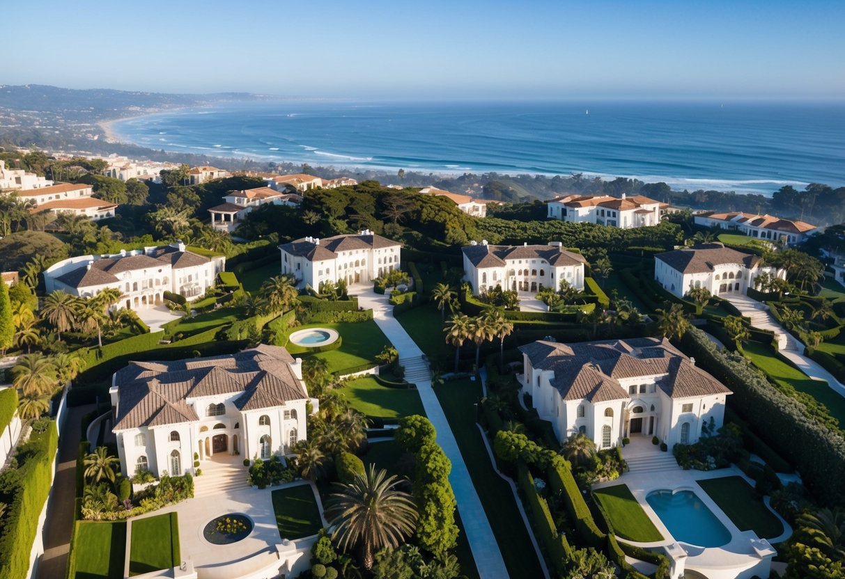 Aerial view of opulent mansions nestled among lush greenery overlooking the Pacific Ocean in Pelican Hill, Orange County