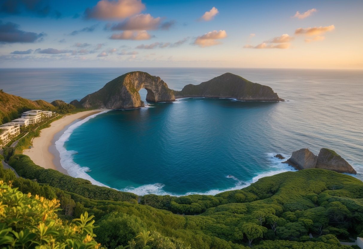 A panoramic view of Three Arch Bay, with luxurious homes overlooking the ocean and lush greenery