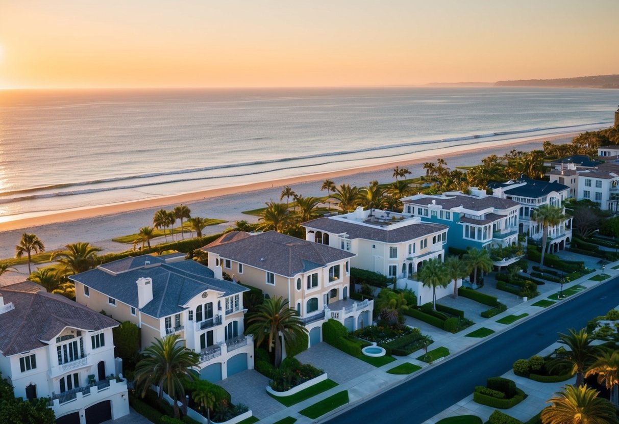 A picturesque coastal neighborhood with luxurious beachfront mansions and palm-lined streets. The sun sets over the Pacific Ocean, casting a golden glow on the upscale community