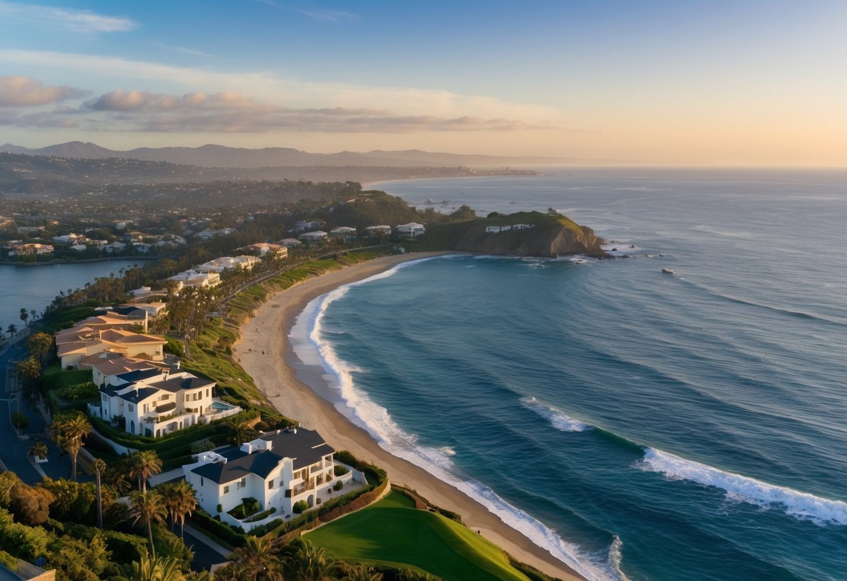 A panoramic view of Dana Point, with luxury homes overlooking the Pacific Ocean and lush greenery surrounding the neighborhood