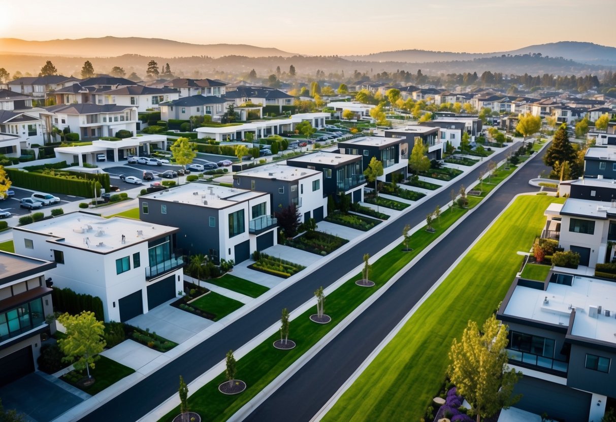 A sprawling suburban neighborhood with modern mansions, lush green lawns, and luxury cars lining the streets in Sunnyvale, Silicon Valley