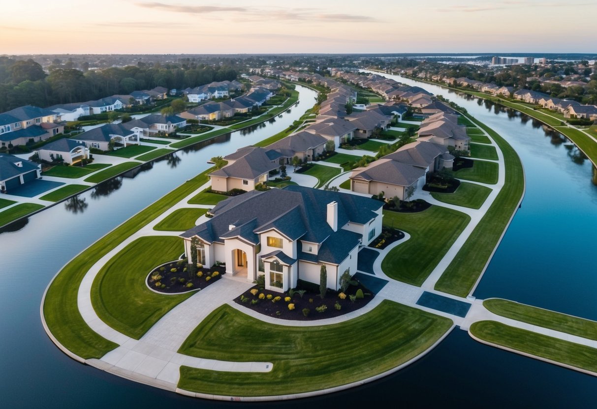 Aerial view of Foster City, with luxury homes, manicured lawns, and a network of waterways weaving through the affluent neighborhood