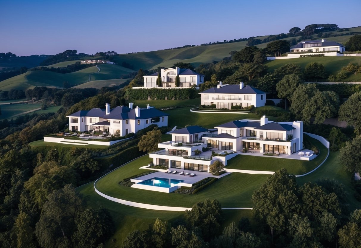 Luxurious mansions nestled in a lush, hilly landscape with sleek, modern architecture and sprawling estates