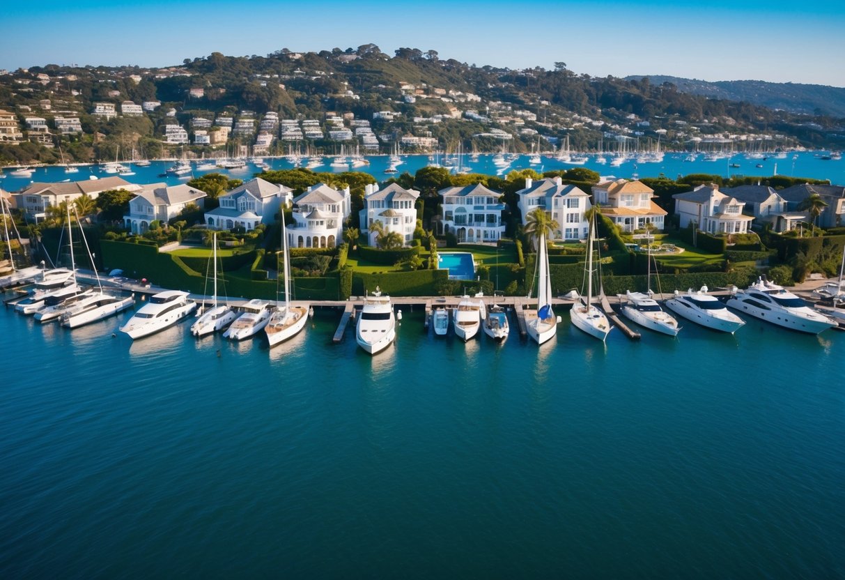 Luxurious waterfront homes line the hills overlooking the bay, with sailboats and yachts dotting the water