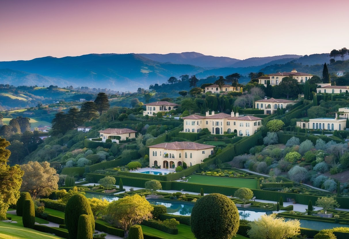 A lush, hilly landscape dotted with sprawling mansions and manicured gardens in Mill Valley, Marin County