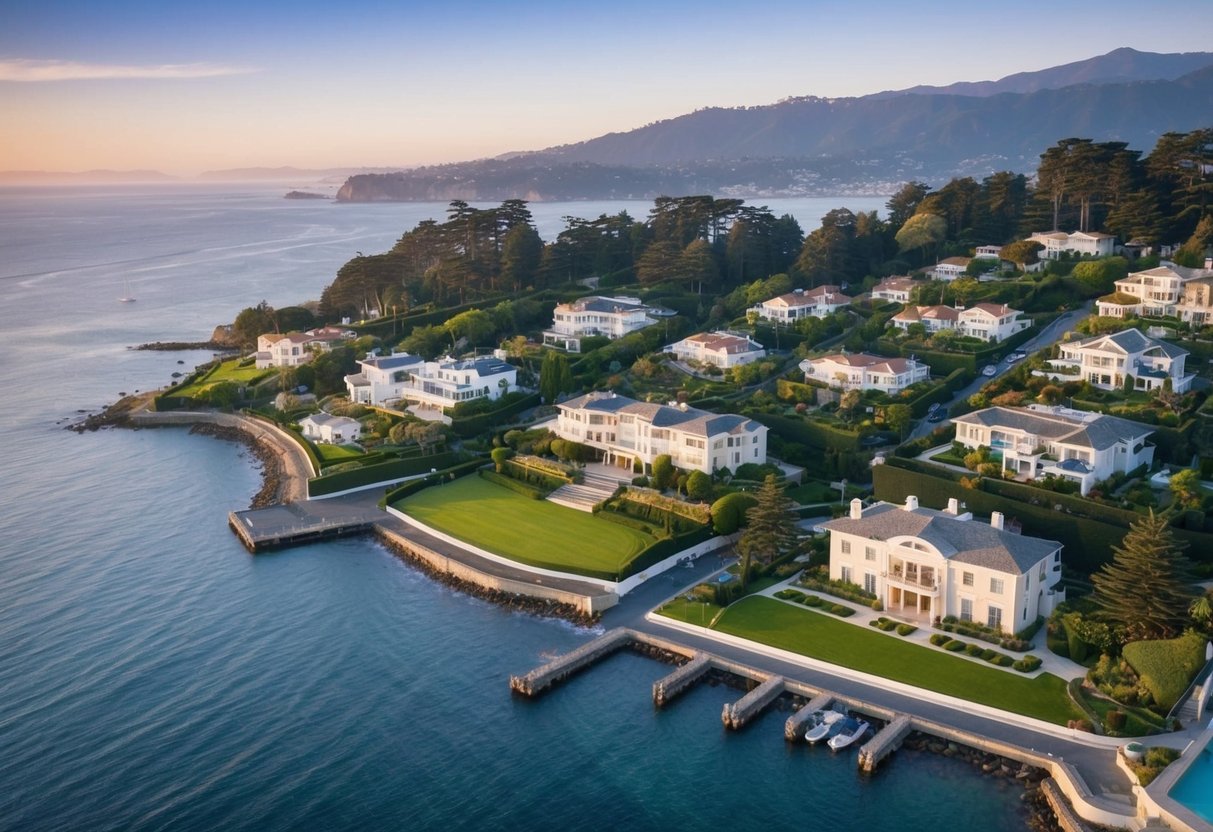 Aerial view of Tiburon, Marin County with sprawling mansions and lush greenery overlooking the bay