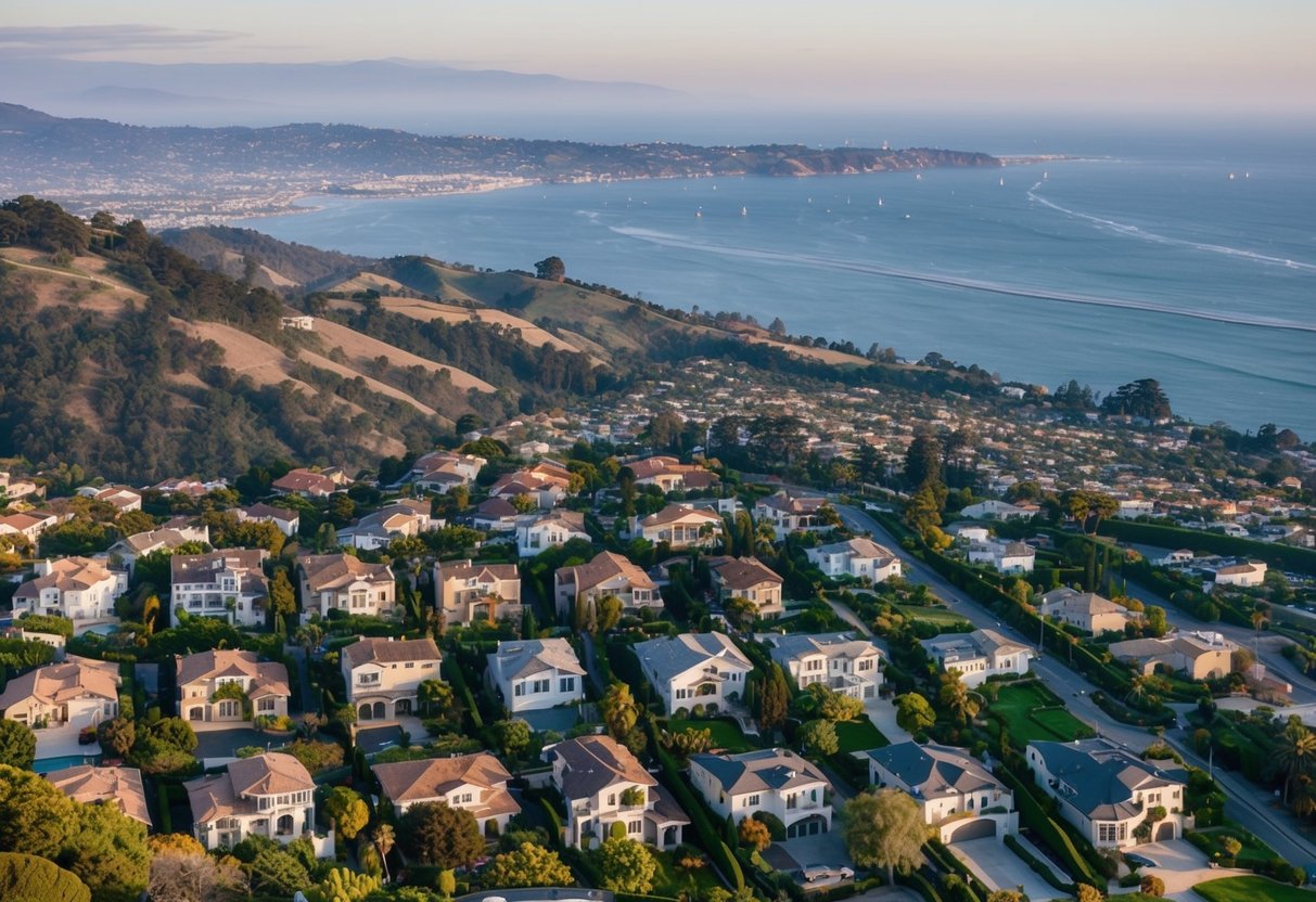 A sprawling, affluent neighborhood nestled in the hills of Marin County, with luxurious homes surrounded by lush greenery and panoramic views of the bay