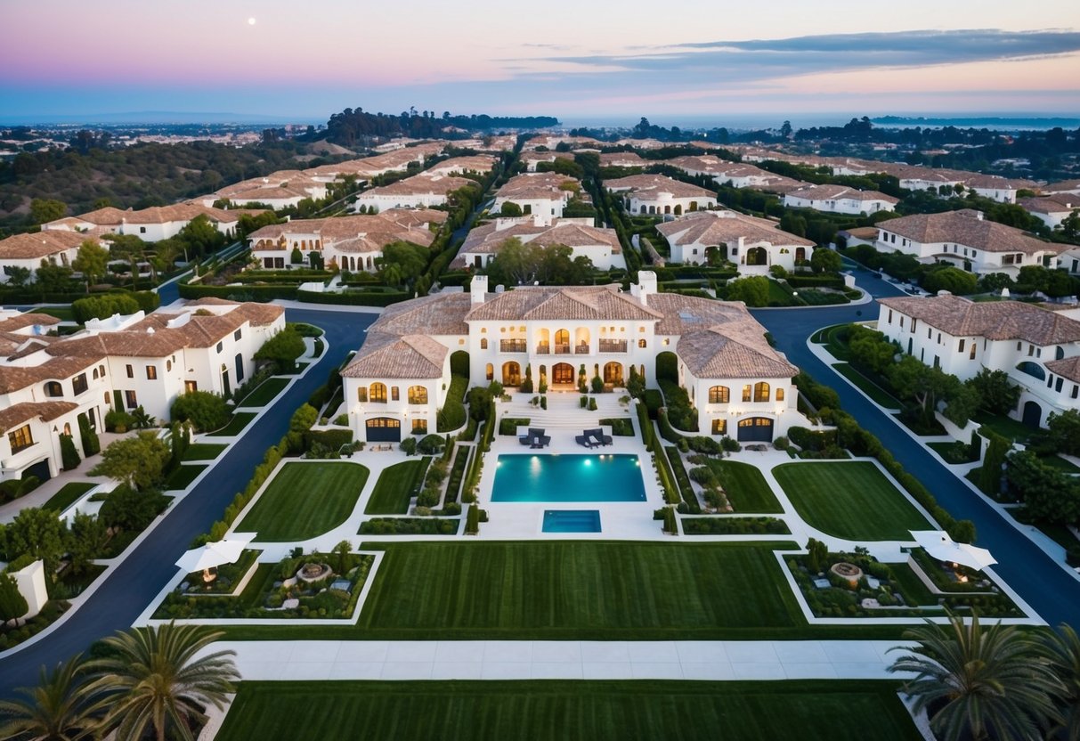 Aerial view of opulent California neighborhoods with sprawling mansions, lush greenery, and luxury amenities