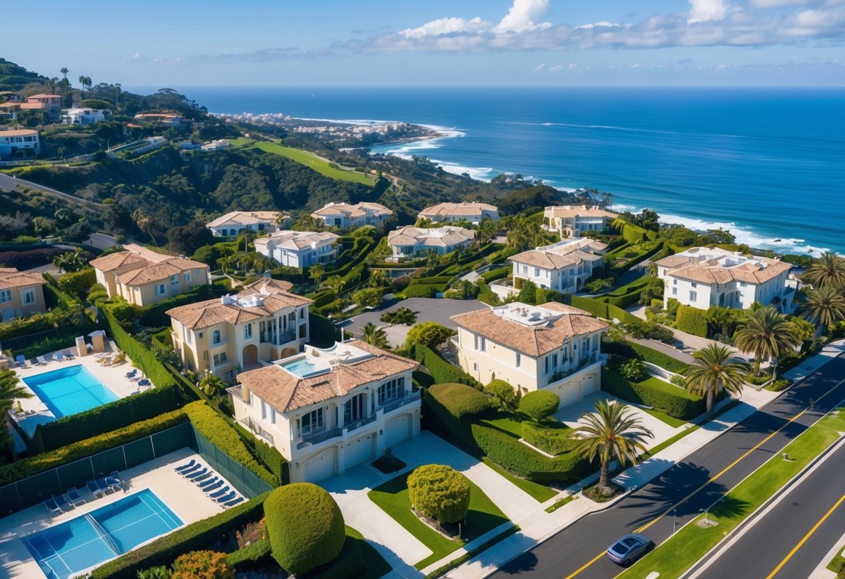 Luxurious mansions dot the hillsides, surrounded by lush greenery and overlooking the sparkling ocean. Gated communities boast private pools and tennis courts, while palm trees line the streets