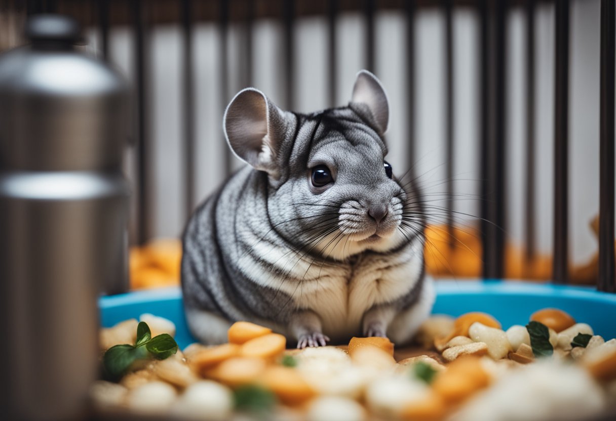 A chinchilla lying motionless in its cage, surrounded by uneaten food and a water bottle