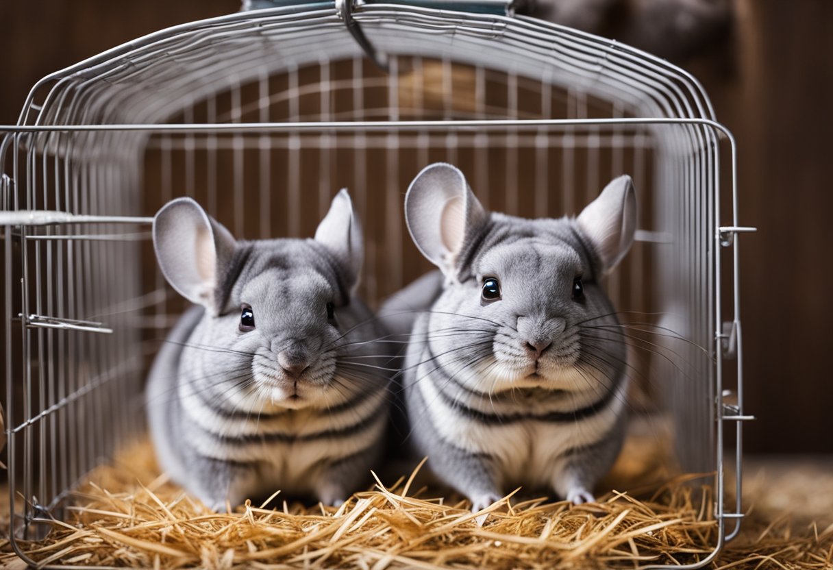 Two chinchillas in a spacious, clean cage, with a wheel, water bottle, and plenty of hay and toys. They are happily grooming each other and playing together