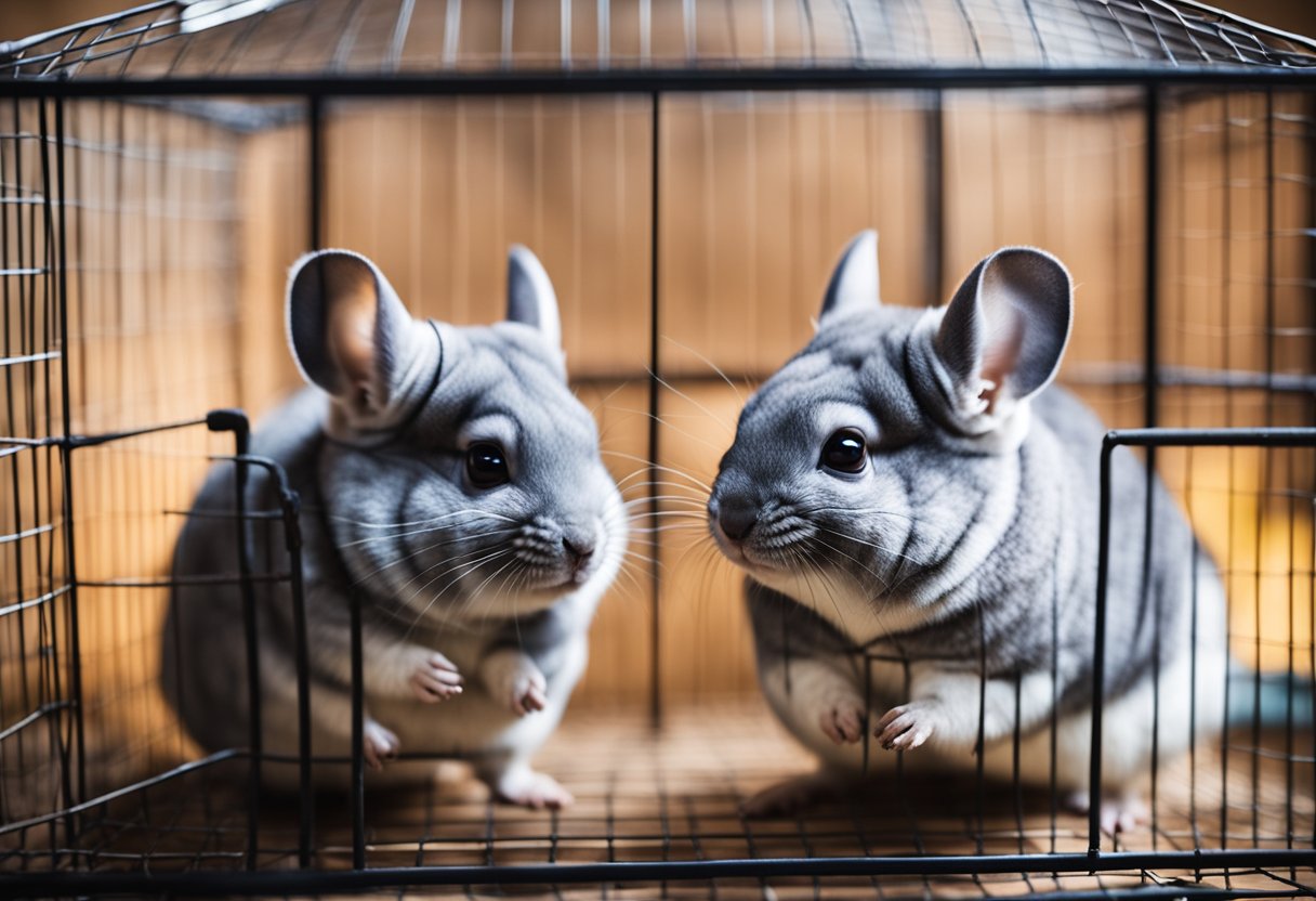 Two chinchillas peacefully cohabitating in a spacious and cozy cage, grooming each other and playing together with various toys and accessories