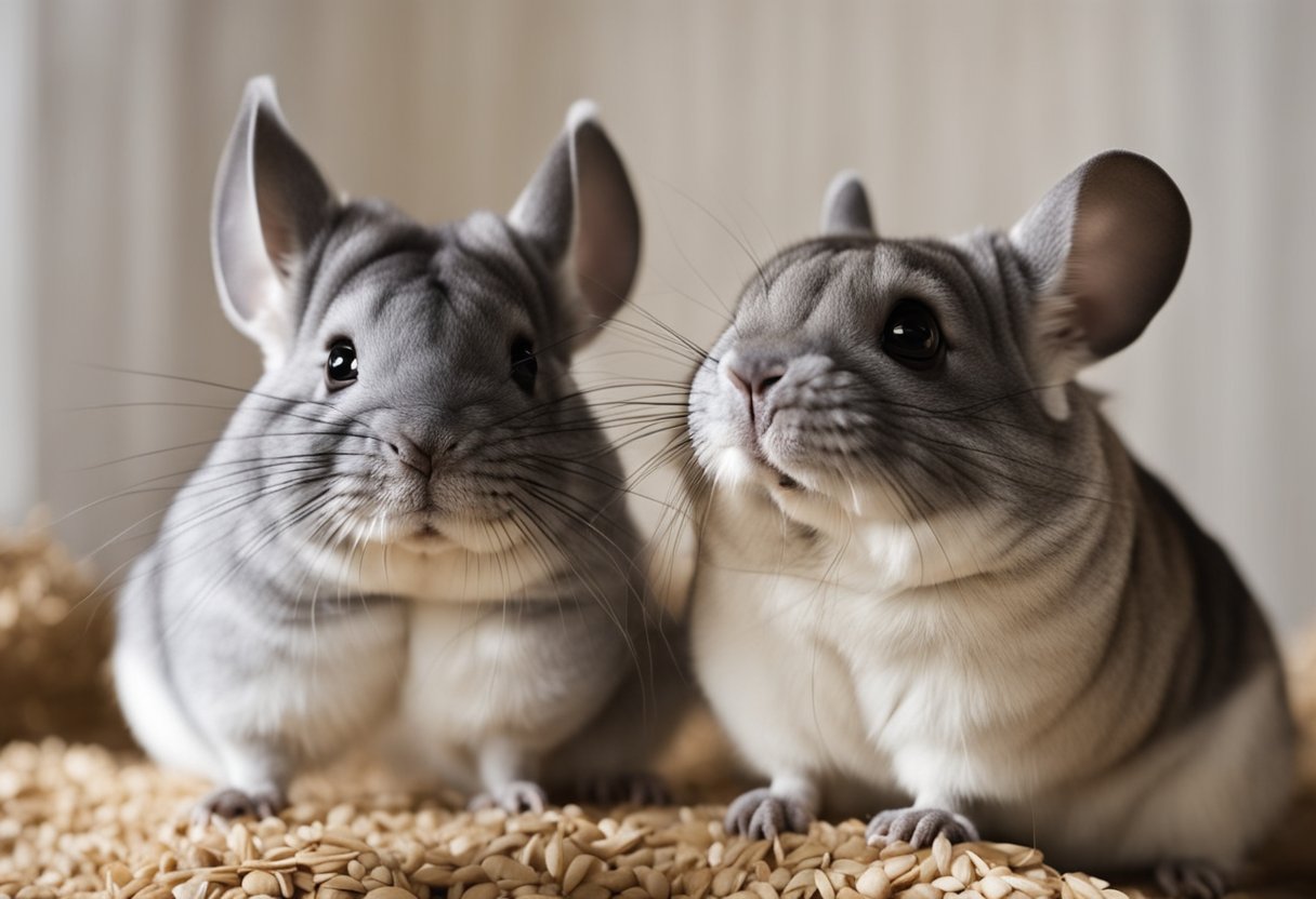 Two chinchillas cautiously sniff each other's fur in a spacious, neutral environment. Their ears are perked and bodies tense as they assess the new companion