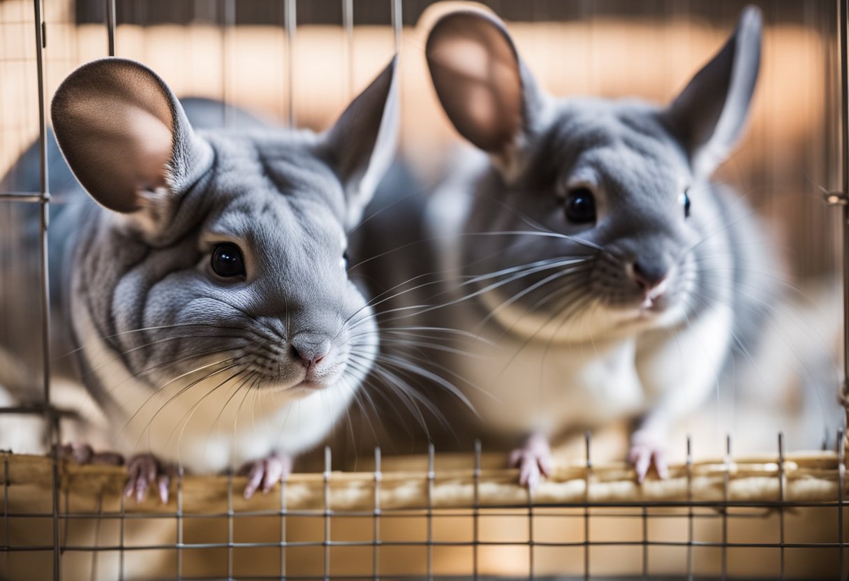 Two chinchillas in a spacious, well-furnished cage, with plenty of hiding spots and separate food and water dishes. They are peacefully grooming each other