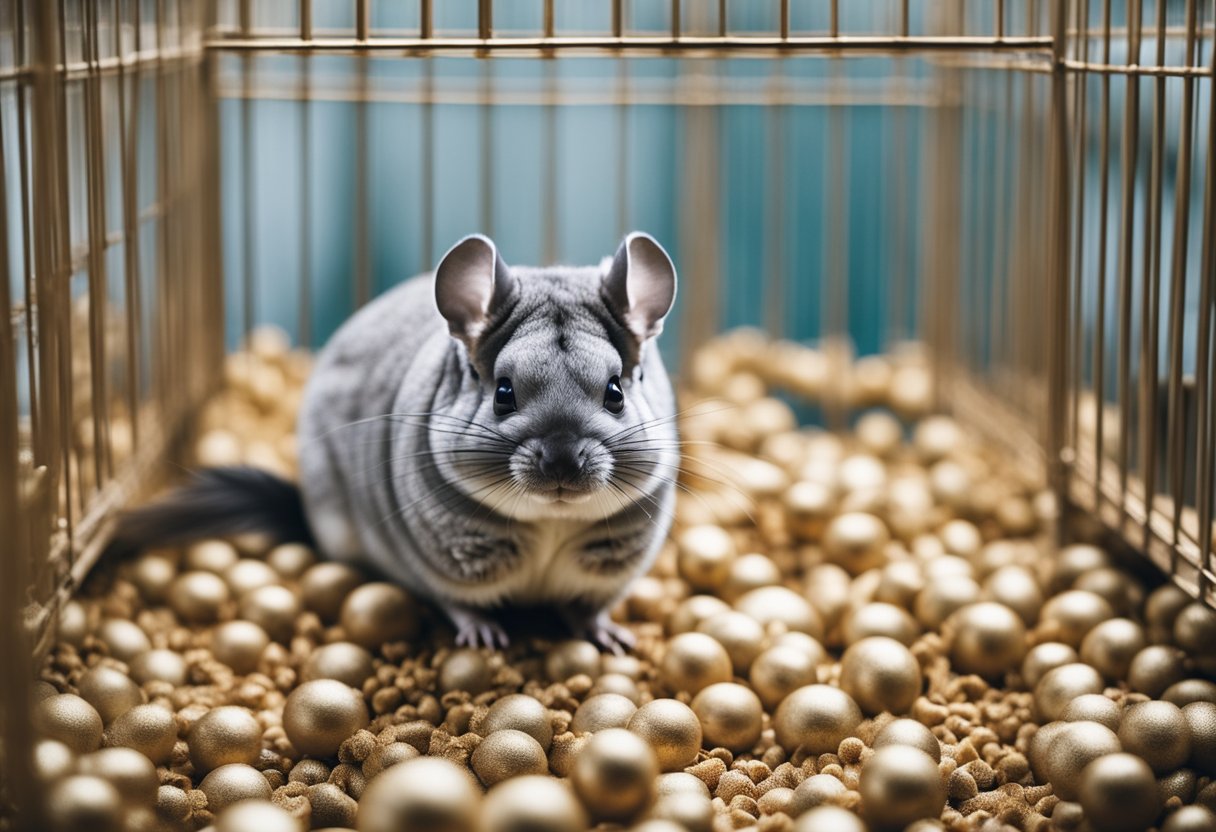 A chinchilla in a spacious cage surrounded by a pile of small, round droppings