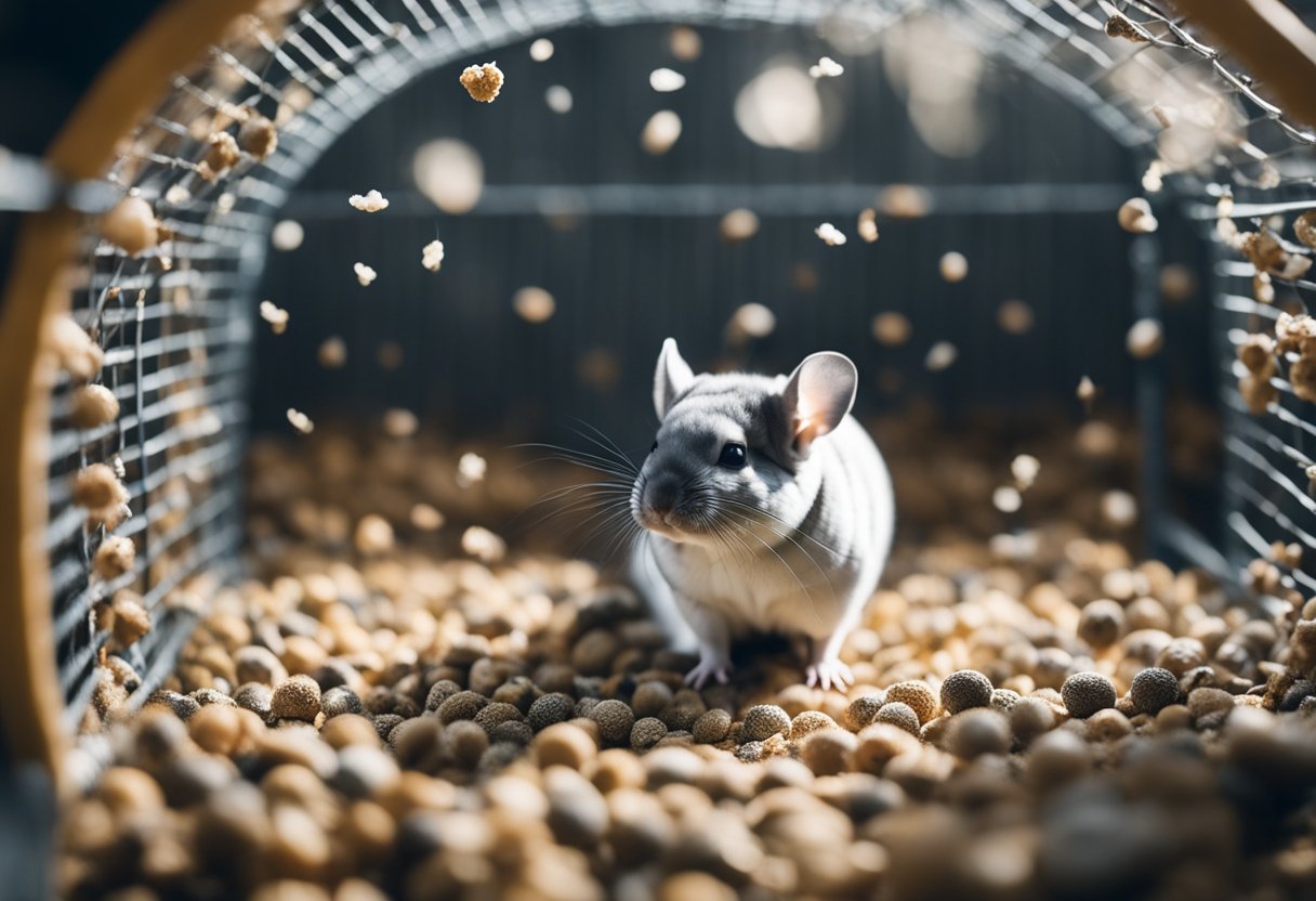 A chinchilla surrounded by a pile of small, round droppings in its cage