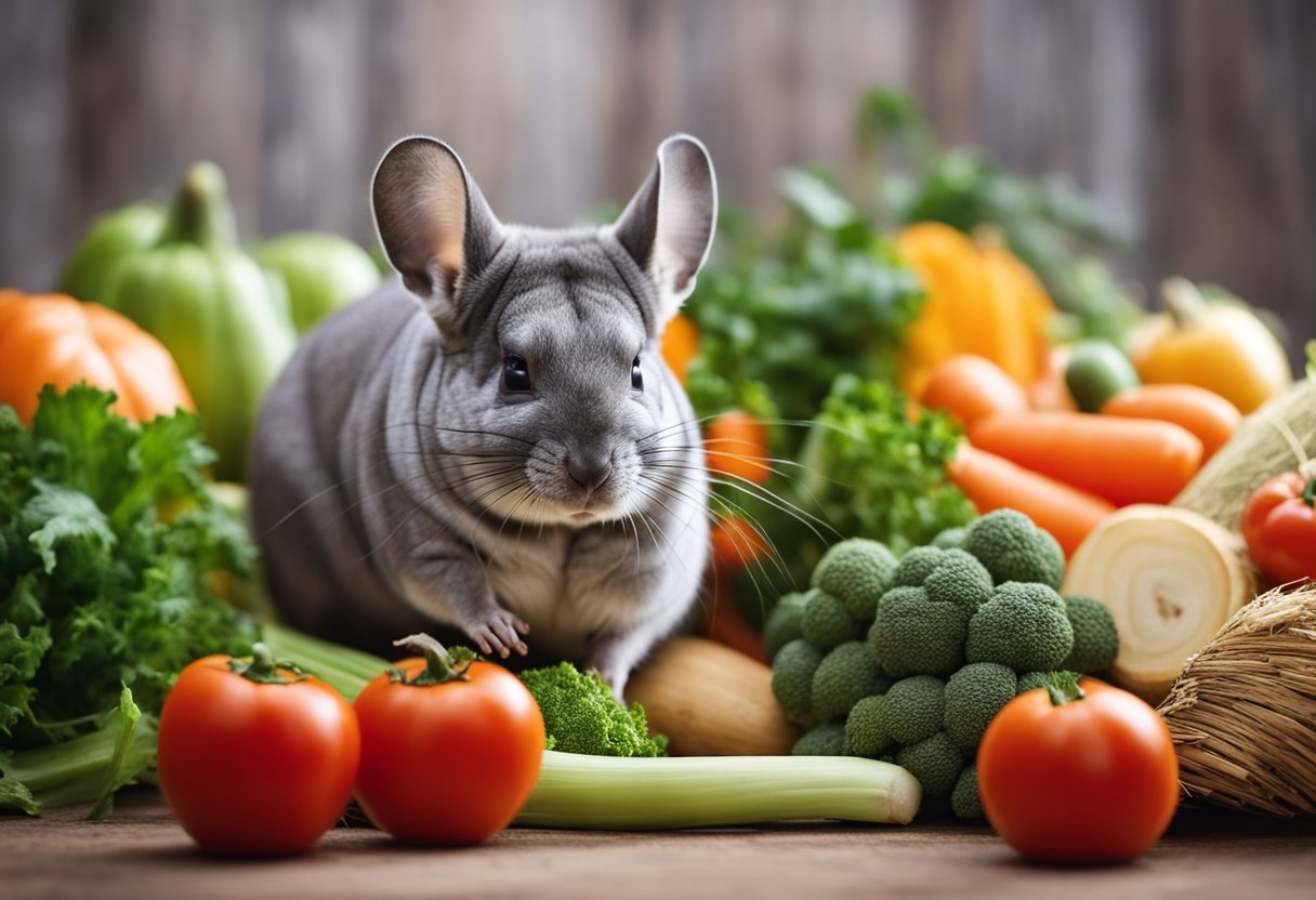 A chinchilla surrounded by a variety of fresh vegetables and hay, with a small pile of round, dry, and odorless poop nearby