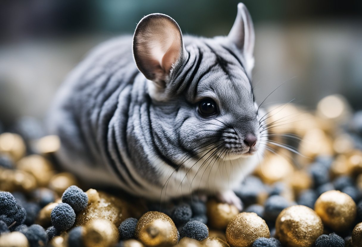 A chinchilla surrounded by a pile of droppings in its cage