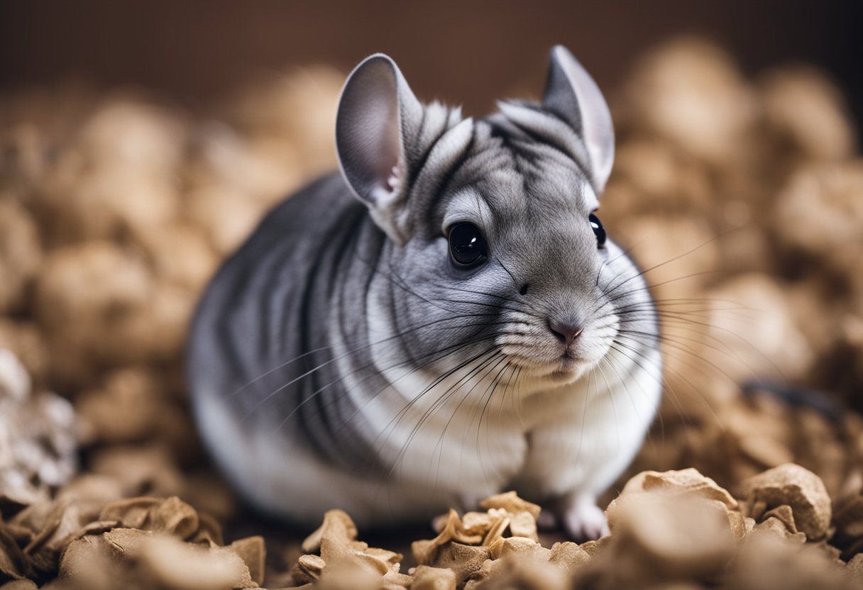 A chinchilla surrounded by piles of poop, with a question mark above its head