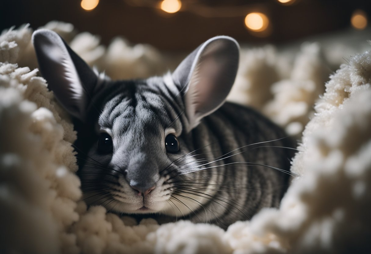 A chinchilla nestled in a cozy corner, its eyes closed in peaceful slumber, surrounded by soft bedding and dim lighting