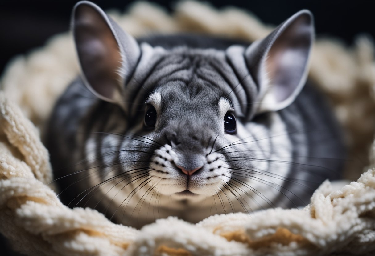 A chinchilla curled up in a cozy nest, eyes closed, surrounded by soft bedding and dim lighting