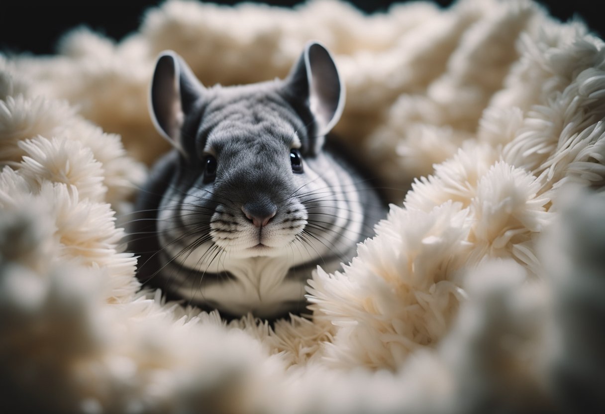 A chinchilla curled up in a cozy nest, eyes closed, surrounded by soft bedding and dim lighting