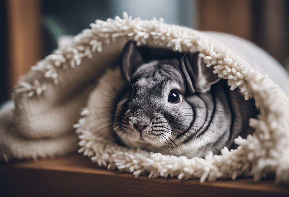 A chinchilla curled up in a cozy corner, eyes closed in peaceful sleep, with a soft blanket or bedding surrounding it