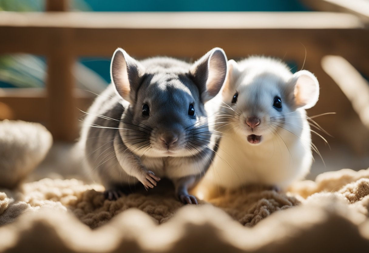 A chinchilla and a ferret playfully interact in a spacious, sunlit enclosure filled with soft bedding and toys