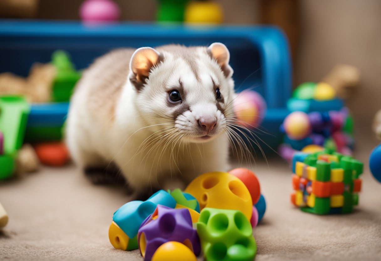 A ferret and chinchilla playfully interact in a spacious, well-lit enclosure filled with toys and hiding spots