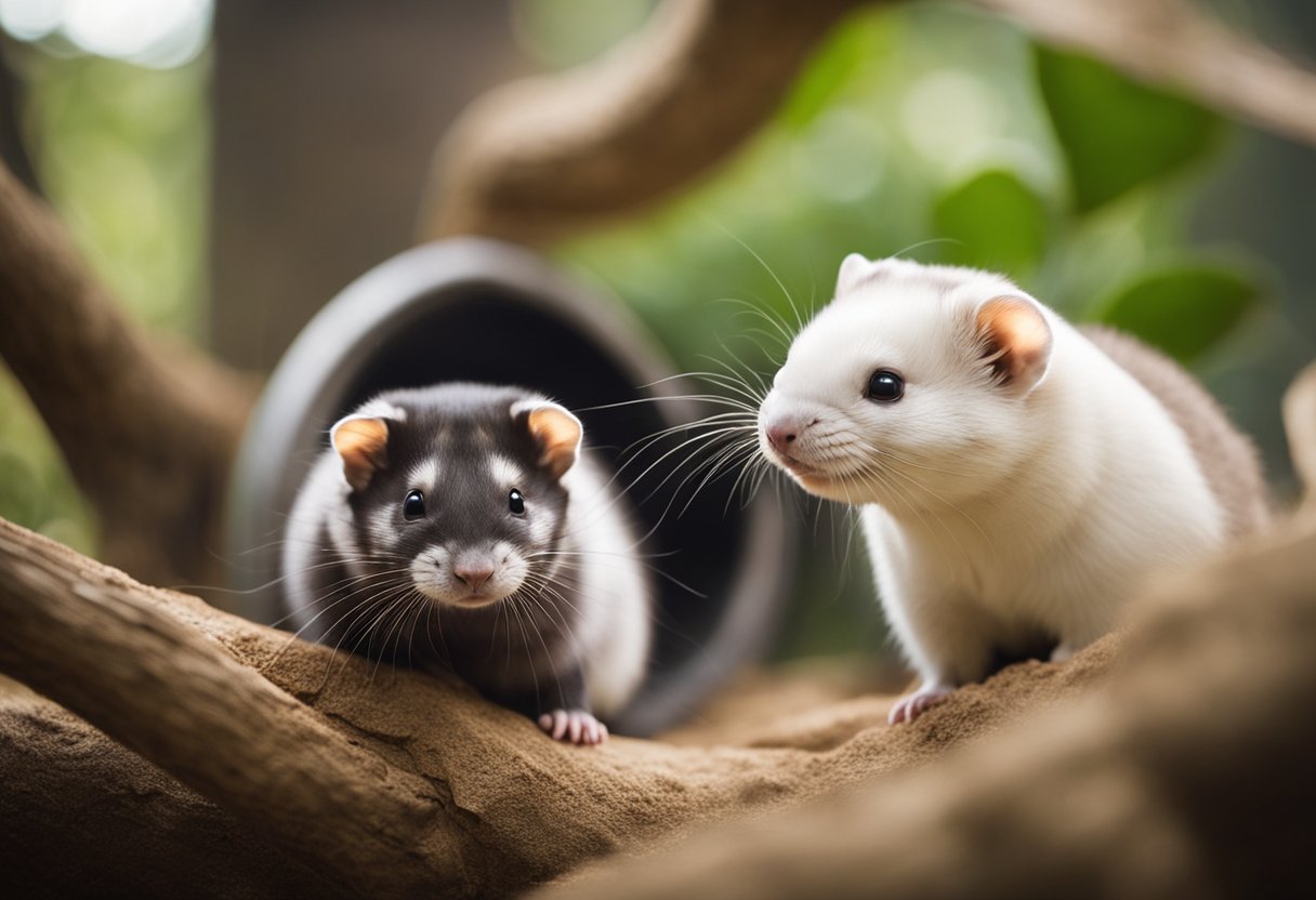 A spacious enclosure with tunnels, platforms, and hiding spots. Ferrets and chinchillas peacefully coexist, playing and lounging together