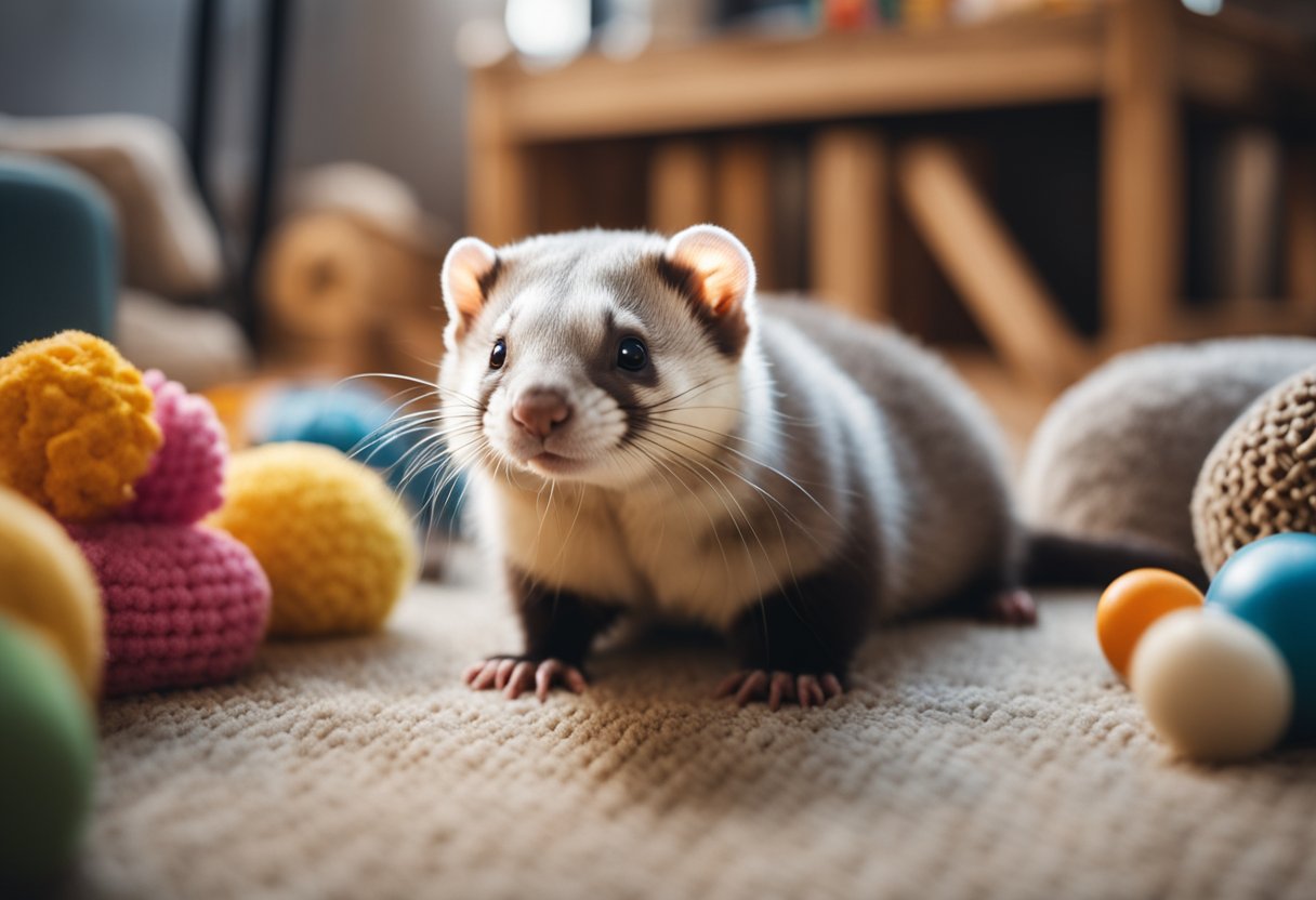 A ferret and chinchilla playfully interact in a cozy, pet-friendly living room, surrounded by toys and bedding