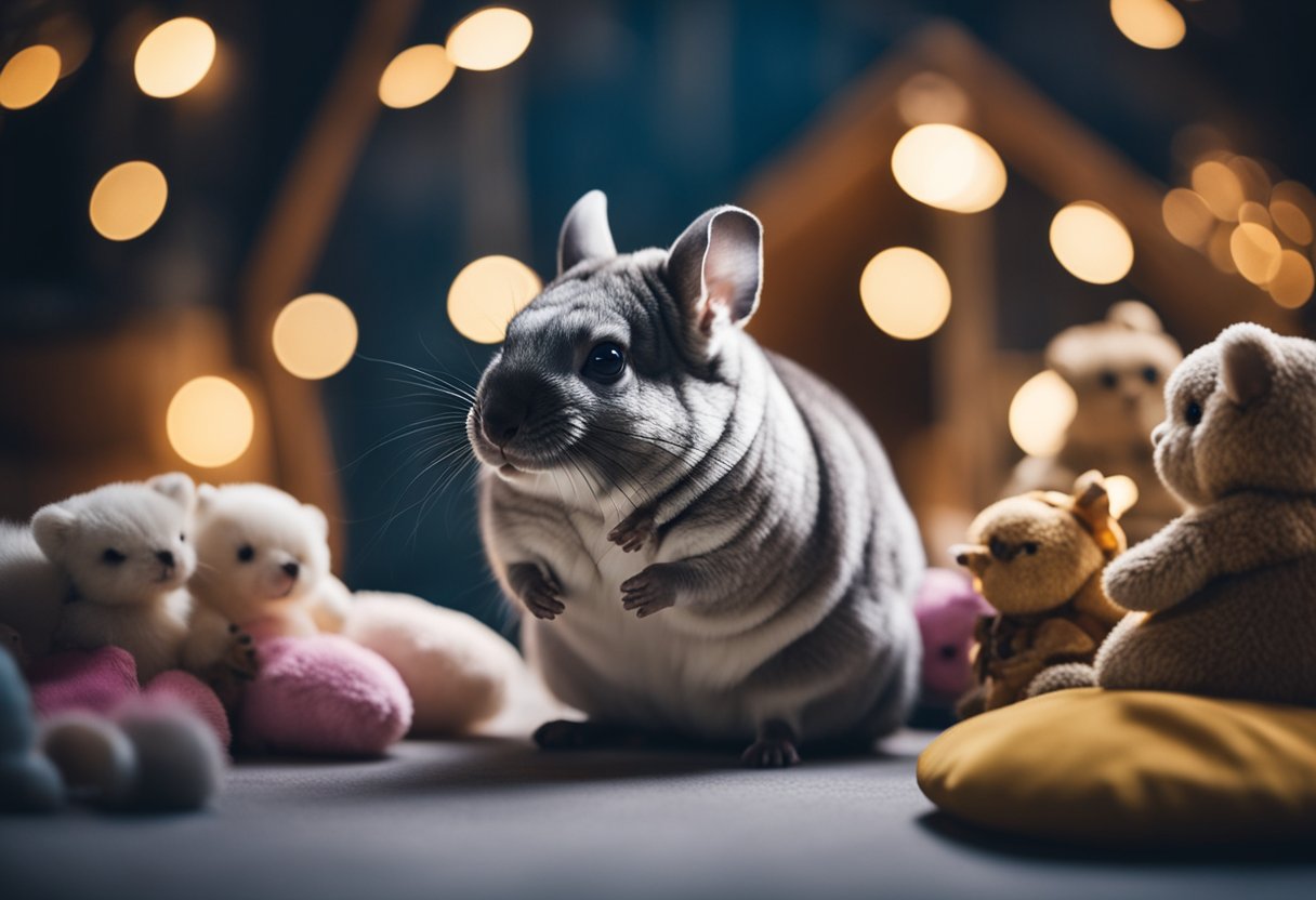 A chinchilla sitting in a cozy, dimly lit room, surrounded by soft toys and treats, while its owner gently brushes its fur