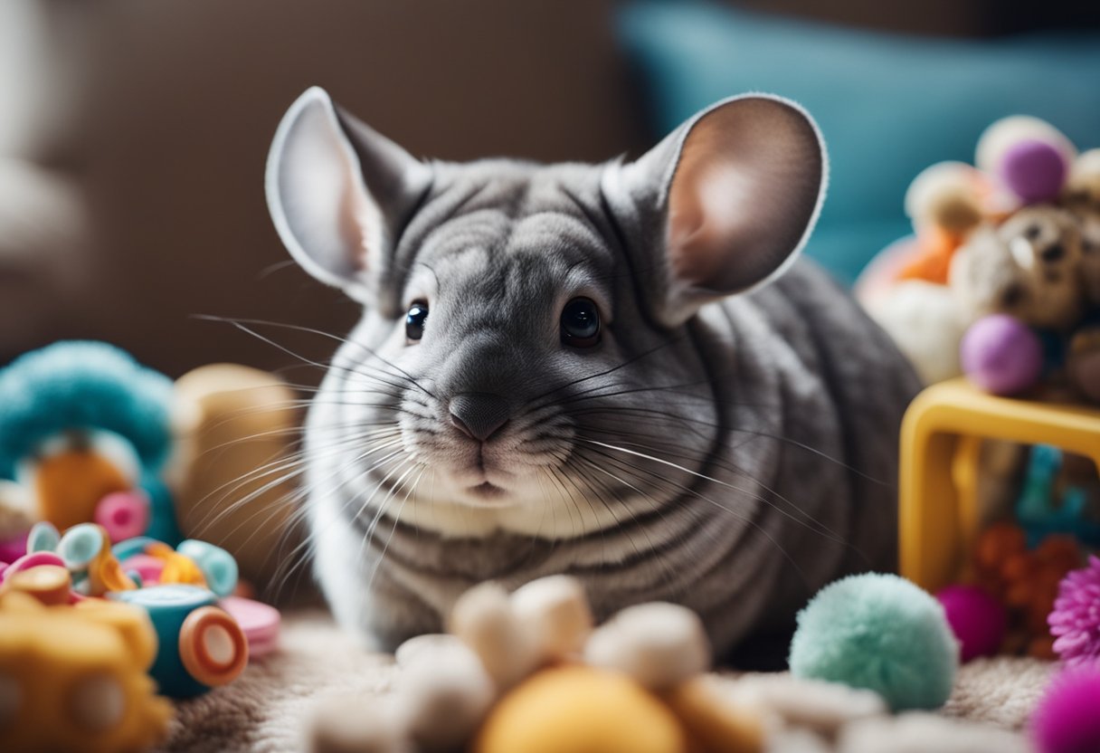 A chinchilla sitting calmly on a soft cushion, surrounded by toys and treats, while its owner gently strokes its fur