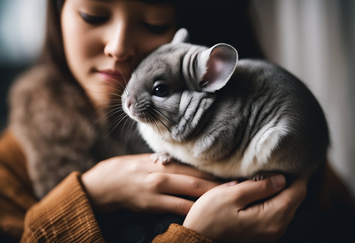 A chinchilla snuggles against a person's chest, nuzzling into their soft, fluffy fur as they sit together in a cozy, dimly lit room