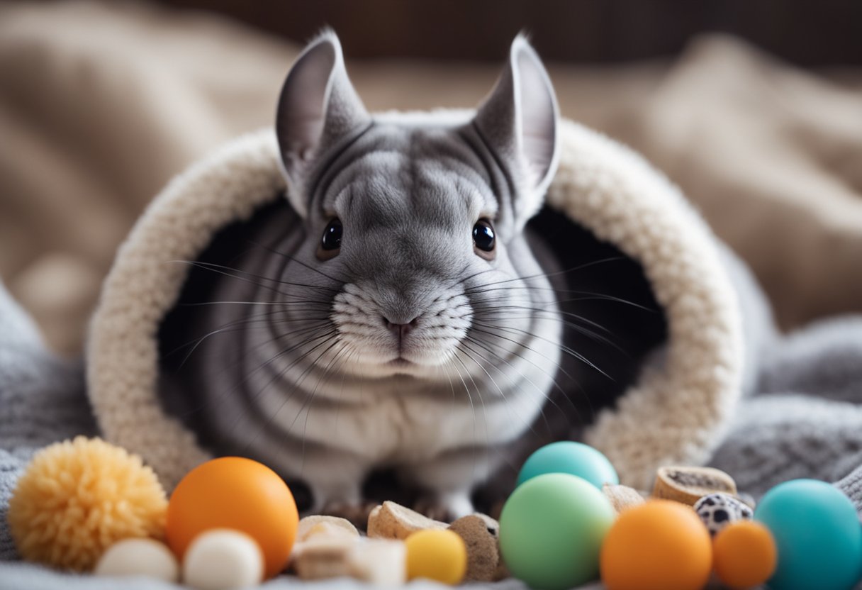 A chinchilla sitting on a cozy blanket, surrounded by toys and treats, while its owner gently pets its soft fur