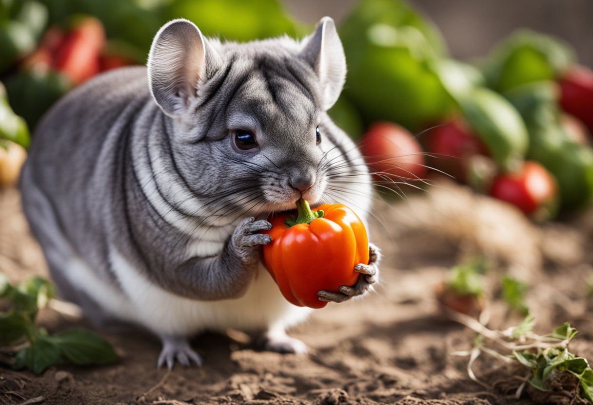 A chinchilla nibbles on a bell pepper, its small paws holding the bright red vegetable. The furry creature looks content as it enjoys its snack