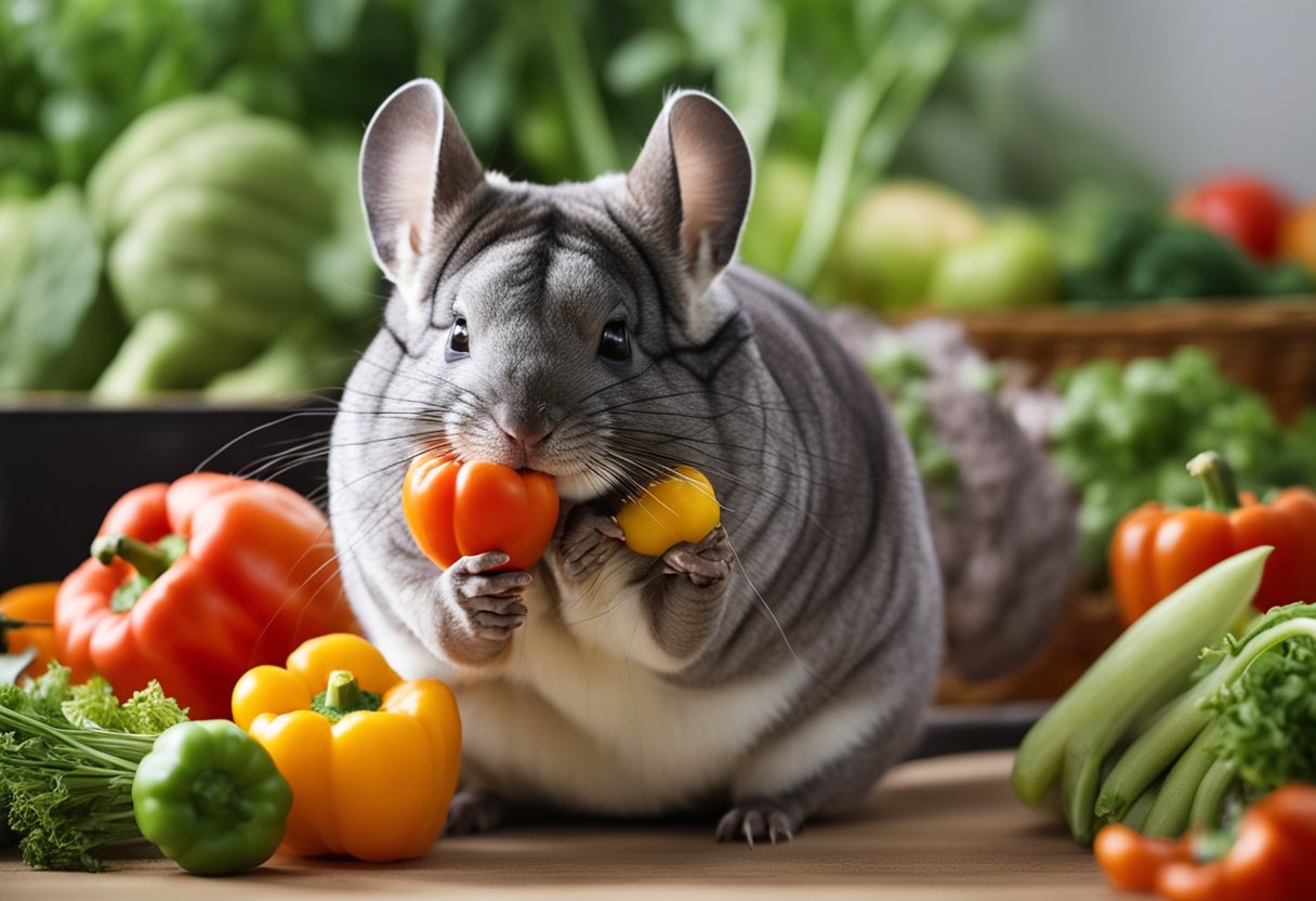 A chinchilla eagerly nibbles on a colorful bell pepper, surrounded by a variety of fresh vegetables and hay in its cage